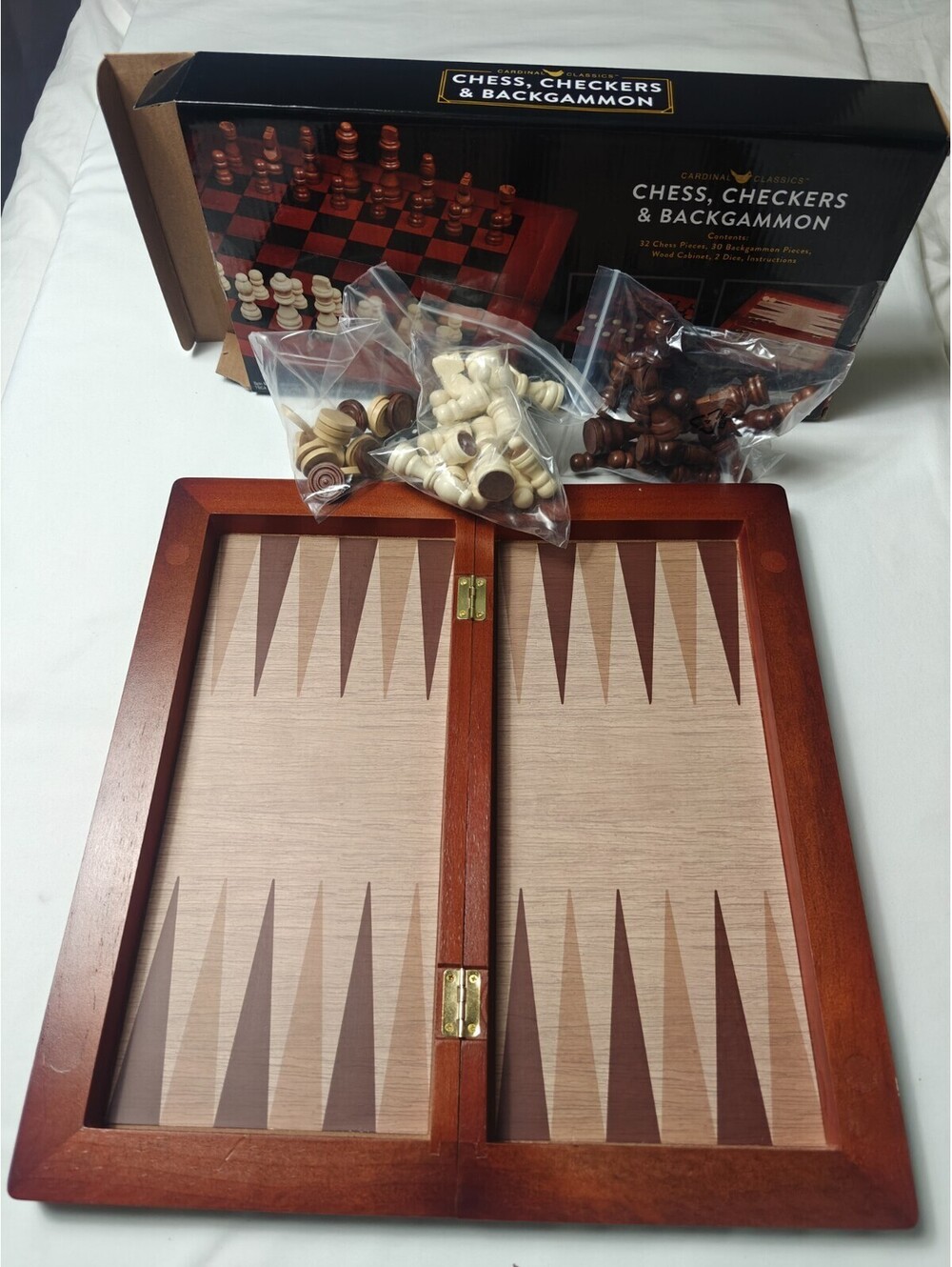 Cardinal Wooden Chess Checkers Backgammon 3 Board Games in 1